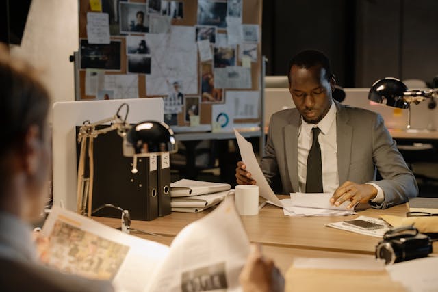Man in black suit jacket reading documents